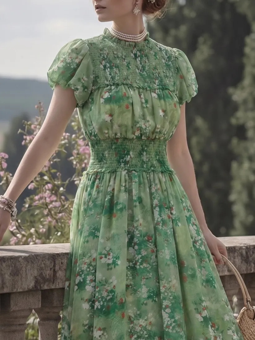 Maxi Cotton Dress, Short Sleeves, Round Neck, Floral, Vintage, Green