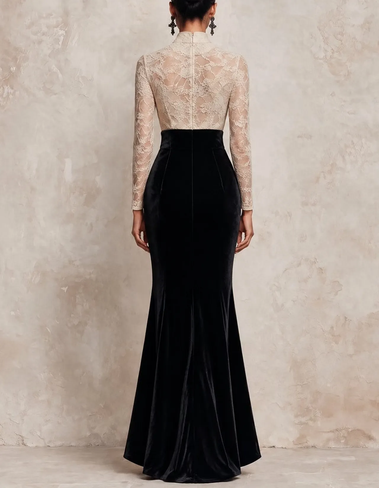Mandarin Collar Lace Velvet Splice Mermaid Slit Maxi Dress