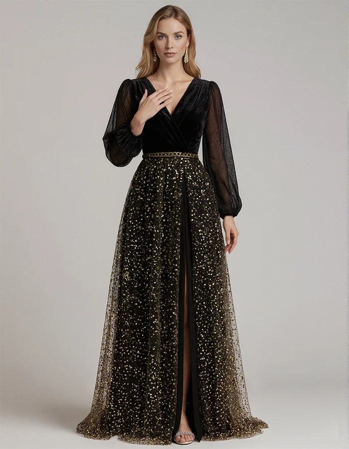 Black Velvet Chiffon Splicing Maxi Dress