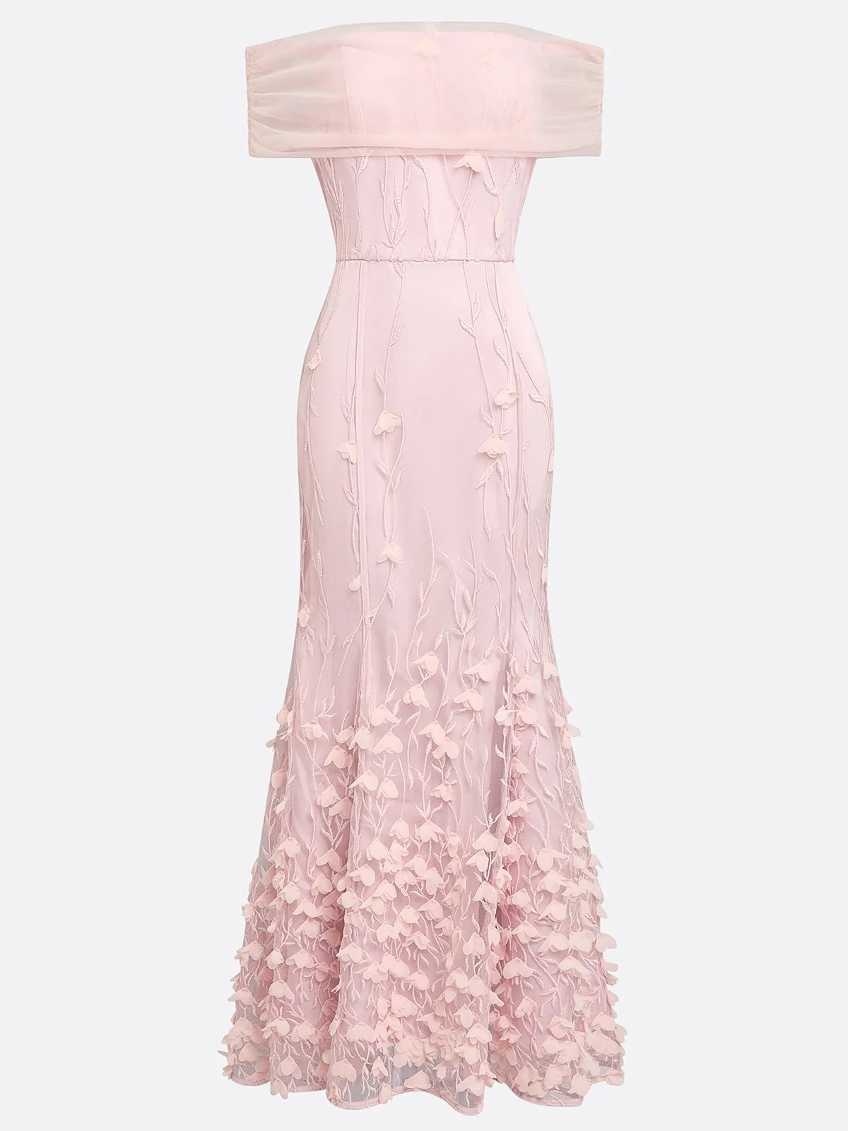 Light Pink 3D Floral Embroidery Classic Off The Shoulder Short Sleeve Mermaid Gown Dress