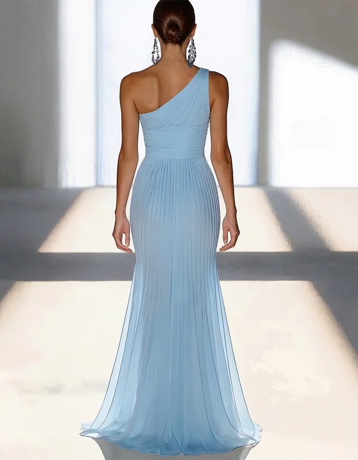 Ice Blue Off Shoulder Cinched Waist Pleated Fishtail Maxi Dress
