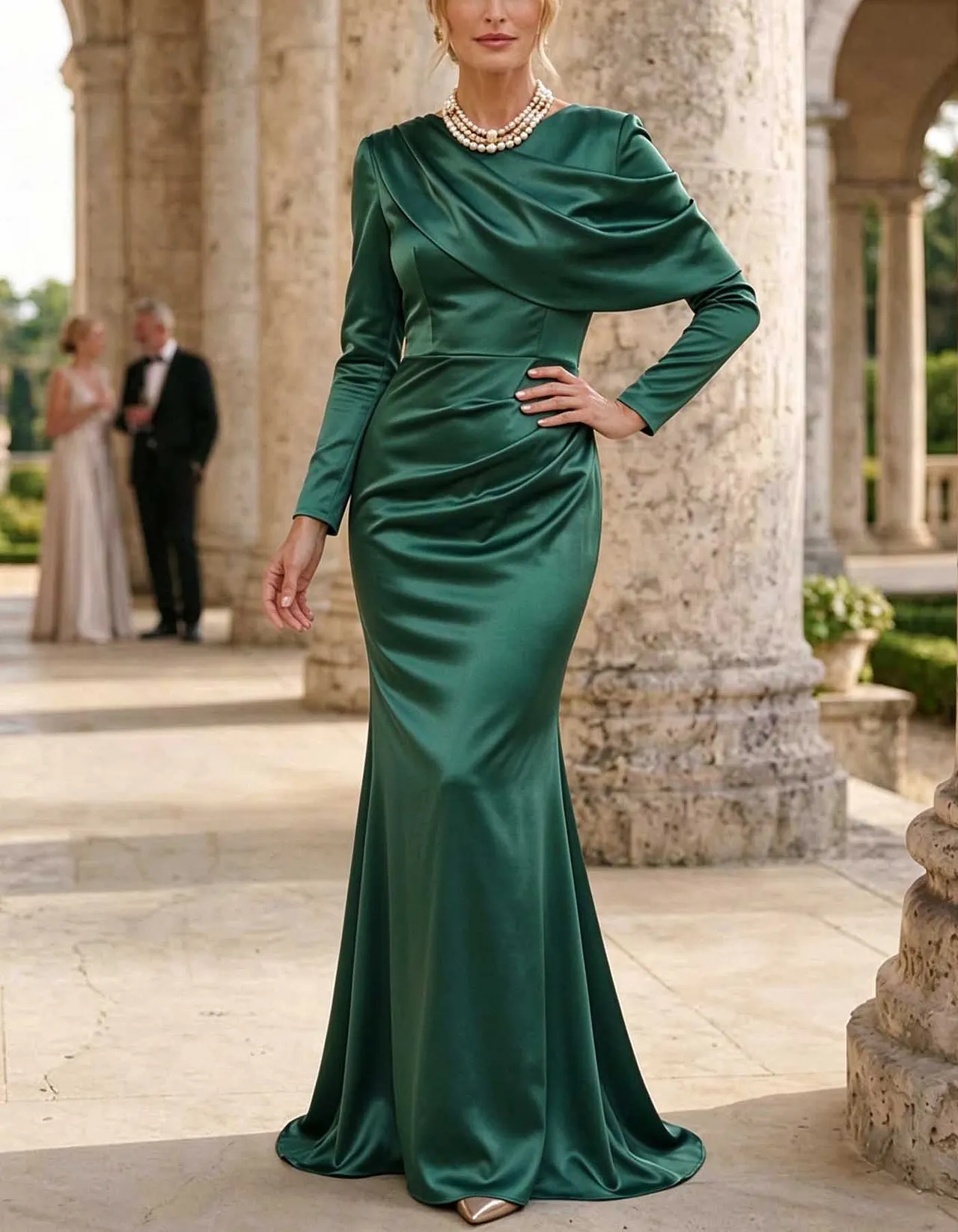 Long Sleeve Draped Satin Mermaid Maxi Dress