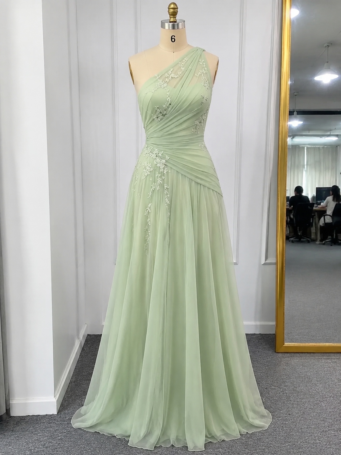 Mint Green Applique 3D Floral Chiffon One Shoulder Sleeveless A-Line Floor Length Dress