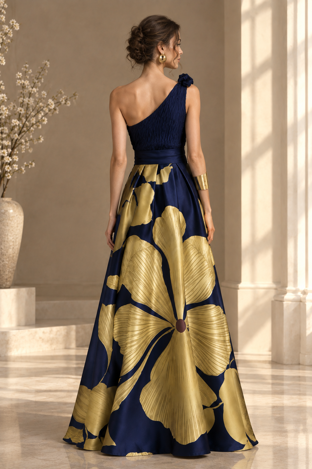 One‑Shoulder Navy Gold Floral Print Satin Maxi Evening Gown