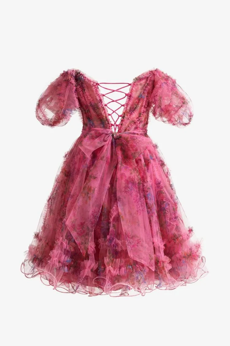 Hot Pink Off-Shoulder Floral Tulle Homecoming Dress