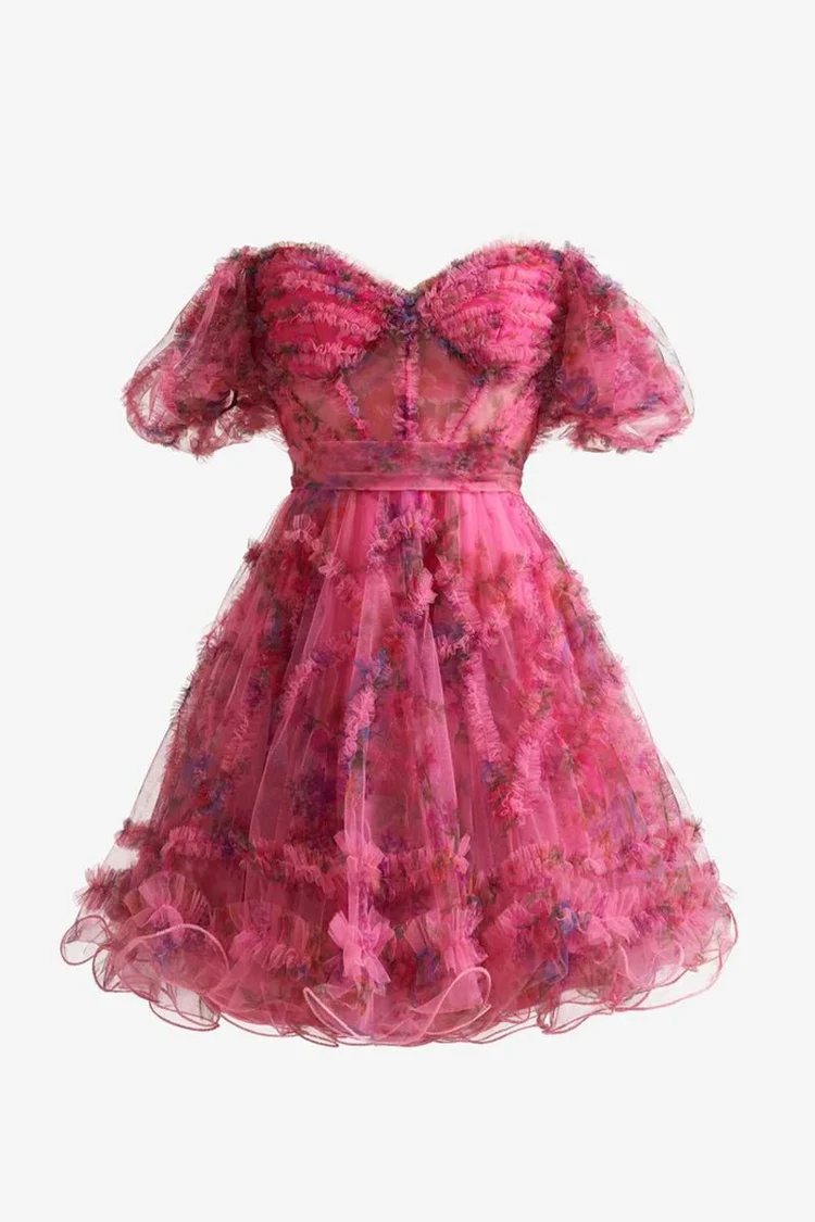 Hot Pink Off-Shoulder Floral Tulle Homecoming Dress
