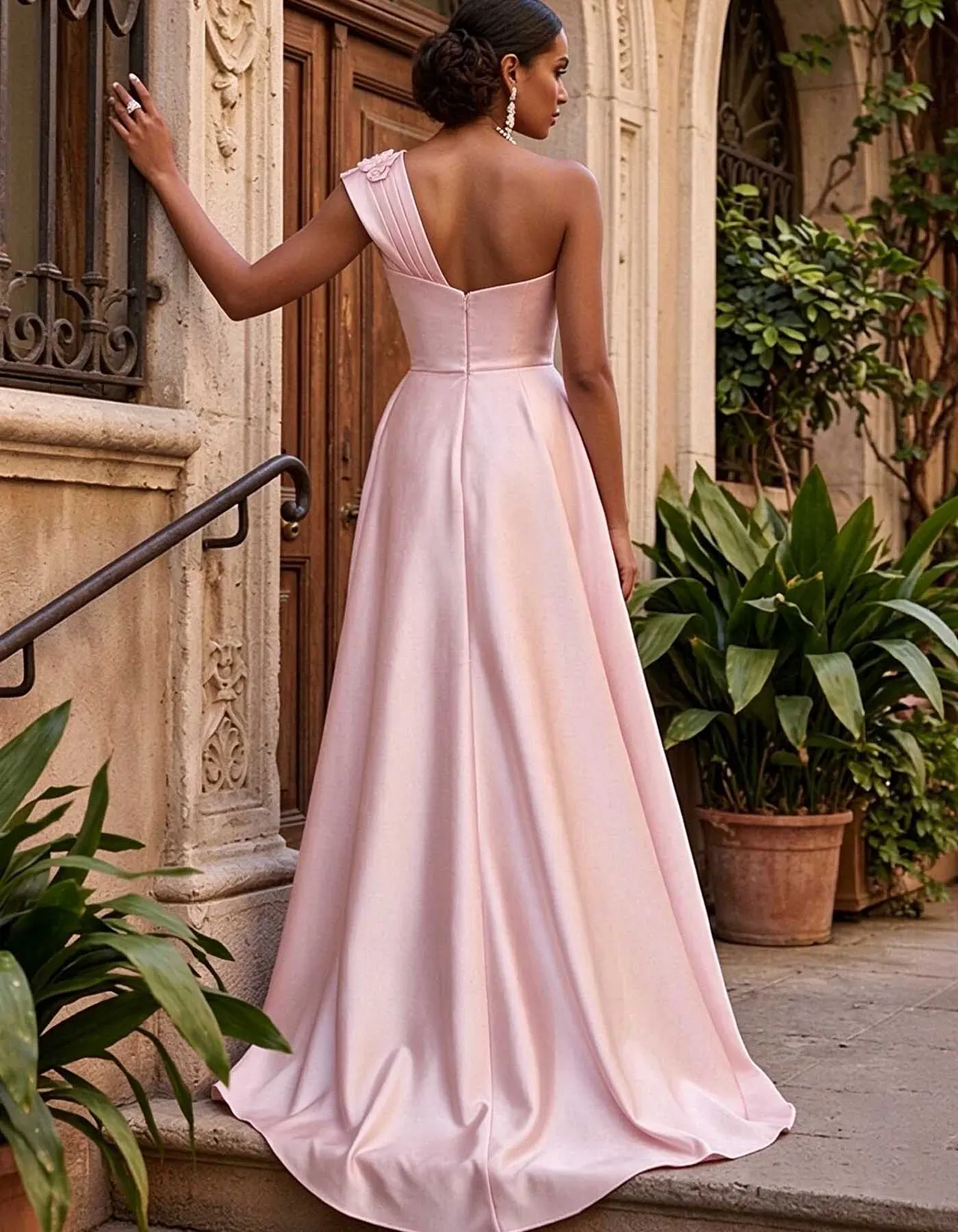 Light Pink Satin One Shoulder 3D Floral Applique Maxi Dress