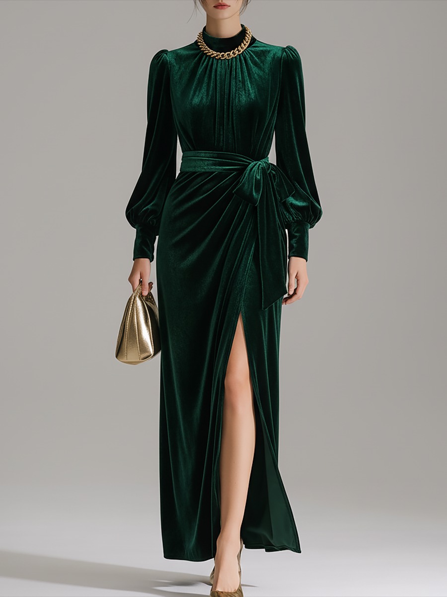 Elegant Stand-up Collar Lantern Sleeve Velvet Maxi Dress