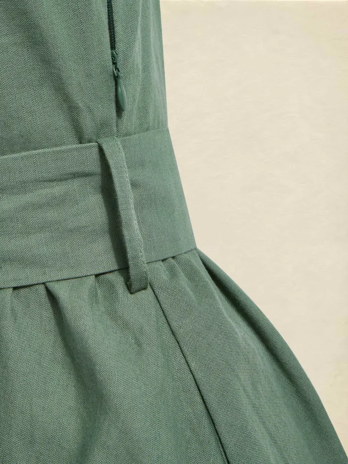 Midi Linen Dress, Half Sleeve, Linen Blend, Plain, Renaissance, Green