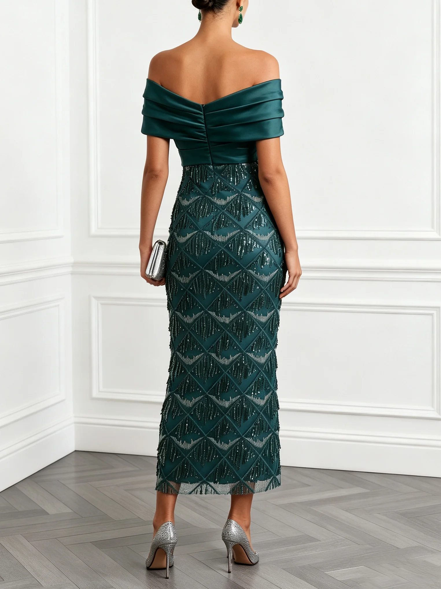 Cyan Tassel Cross Sequin Off The Shoulder Short Sleeve Sheath Midi Dress