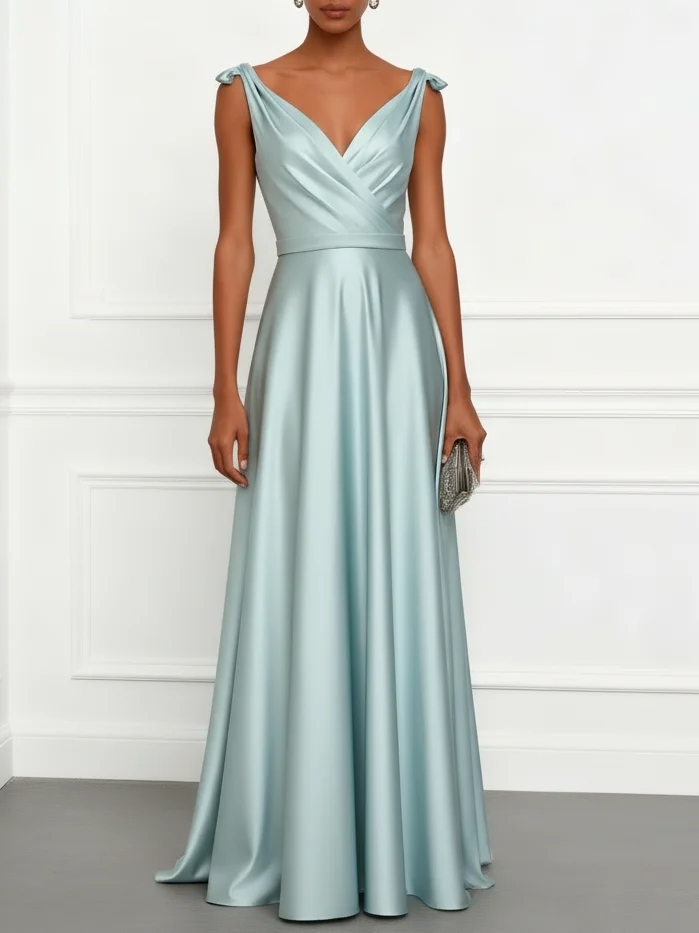Aqua blue Bow Ruched Satin V Neck Sleeveless A-Line Floor-length Gown Dress