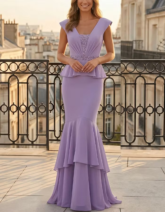 V Cap Sleeve Sequin Waist Peplum Two Layer Ruffle Maxi Dress