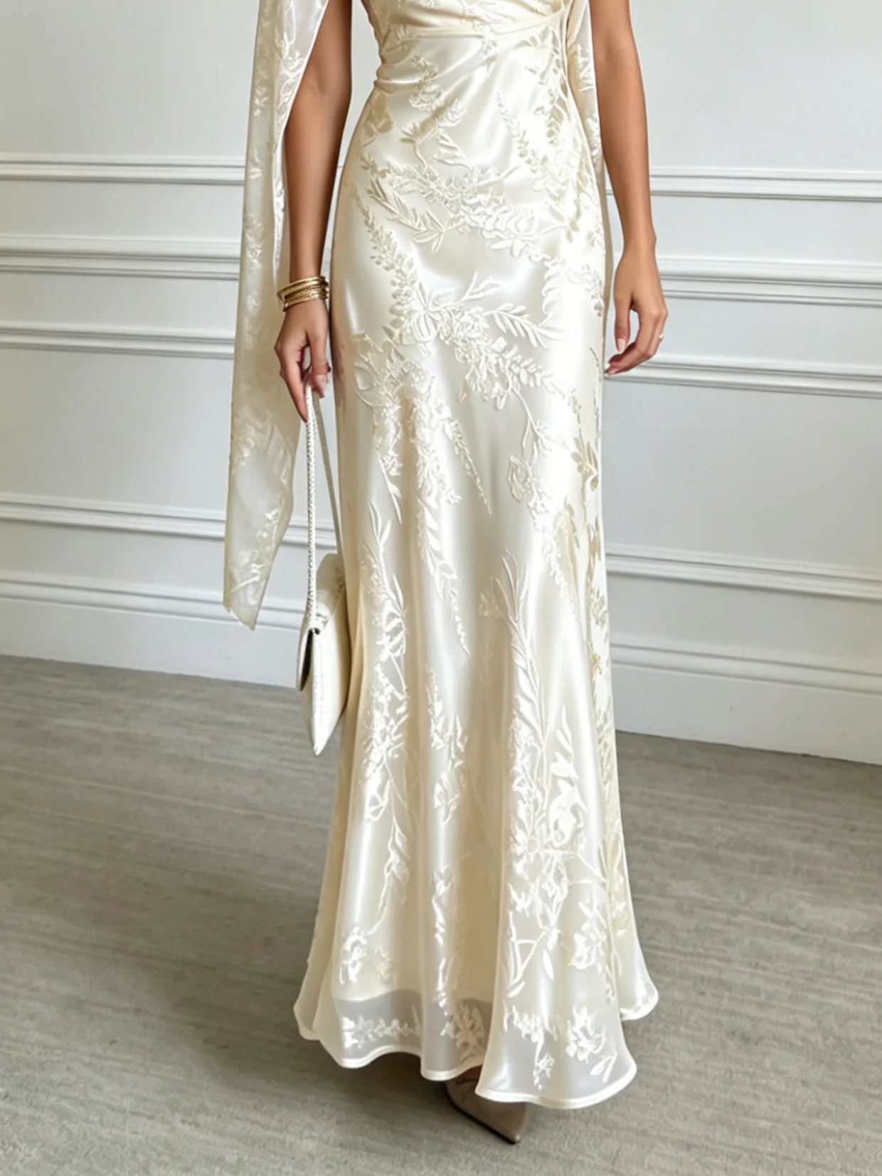 White Jacquard Classic Cowl Neck Sleeveless Mermaid Floor-length Gown Dress