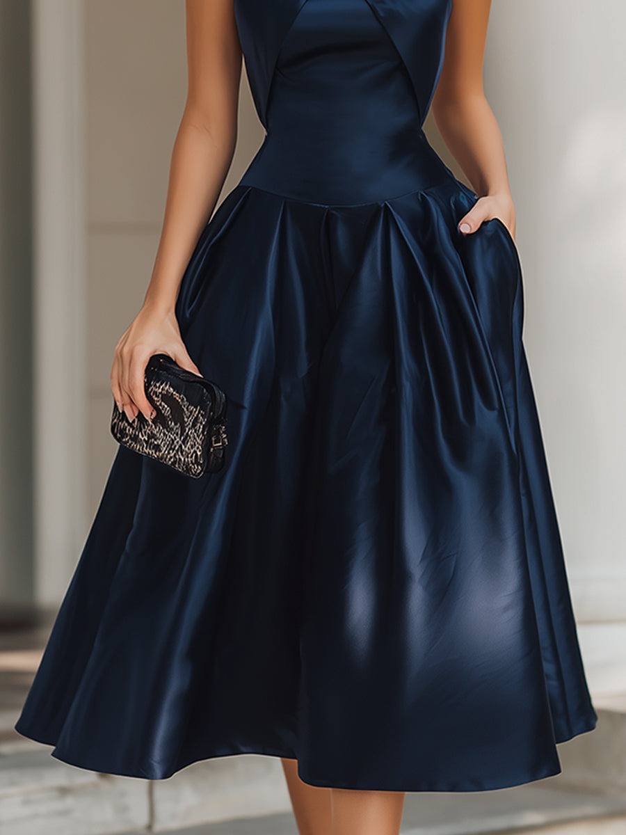 Cross-Halter Pleated Midi Dress