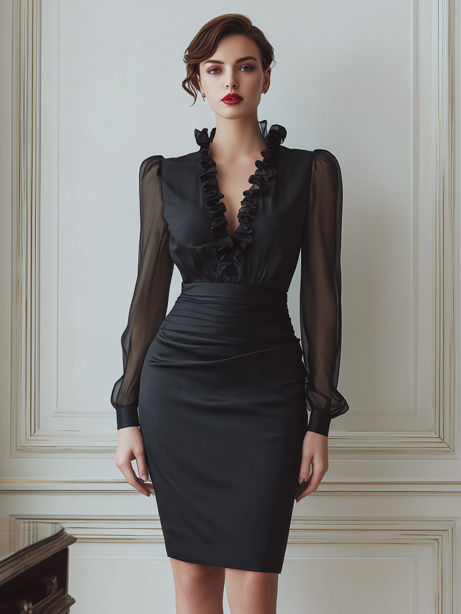 Ruffled V-Neck Sheer Sleeve Ruched Midi Dress