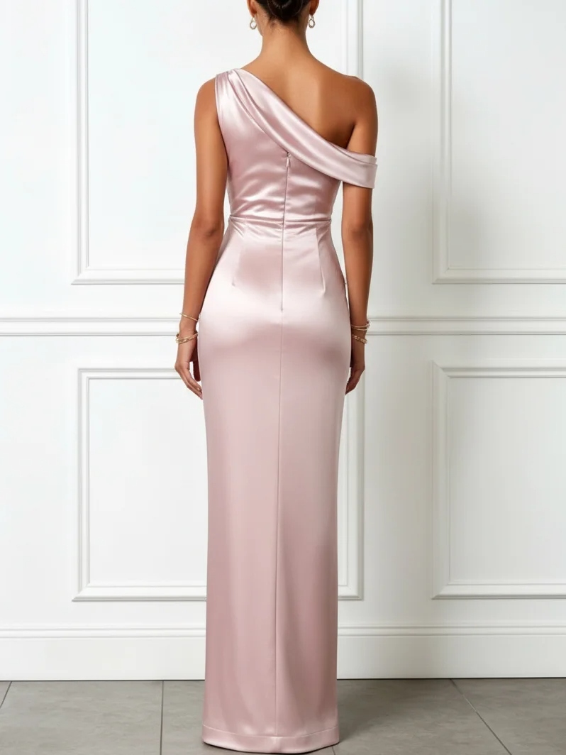 Light Pink Ruched Satin One Shoulder Sleeveless Sheath Floor-length Gown Dress