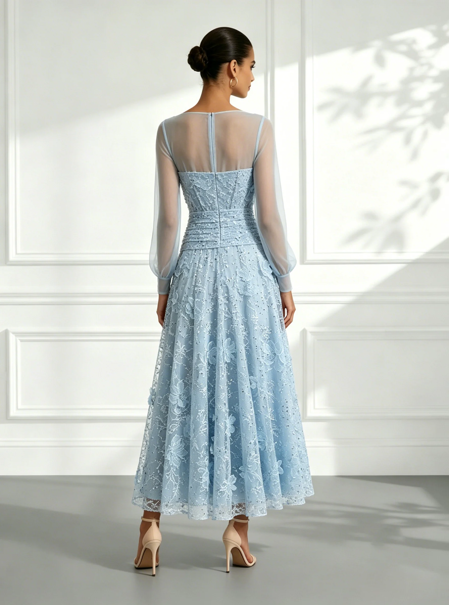Light Blue 3D Floral Lace Boat Neck Long Sleeve Balloon Sleeve A-Line Maxi Dress
