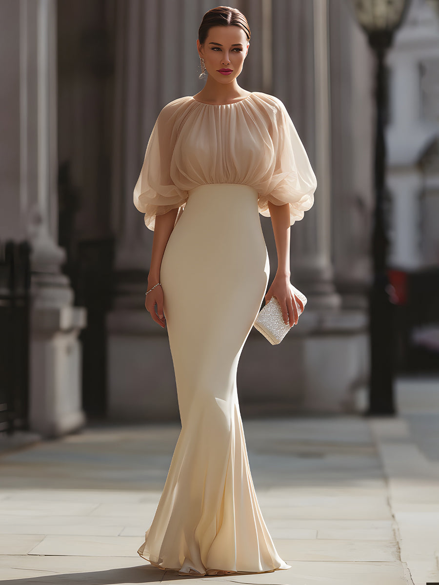 Gathered Sheer Sleeve Mermaid Evening Dress