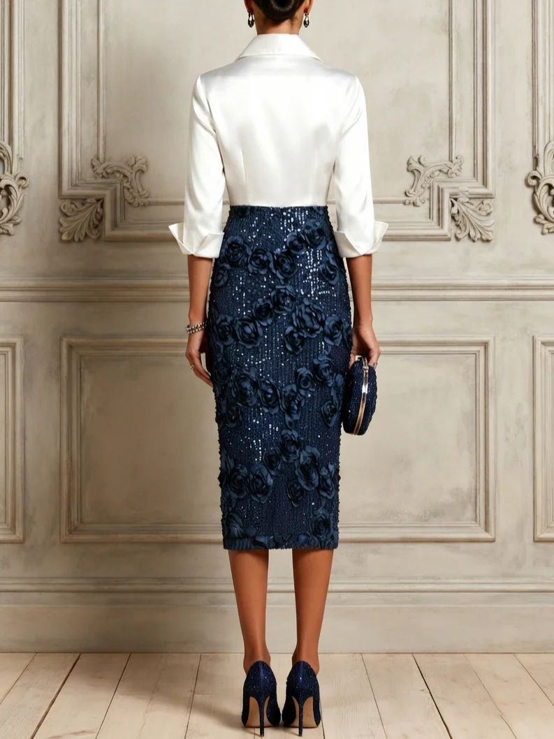 Purplish Blue Jacquard Sequin Shirt Collar Three Quarter Sleeve Sheath Midi Dress