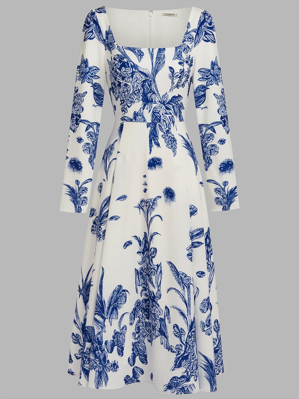 Blue Floral Classic Square Neck Long Sleeve A-Line Midi Dress