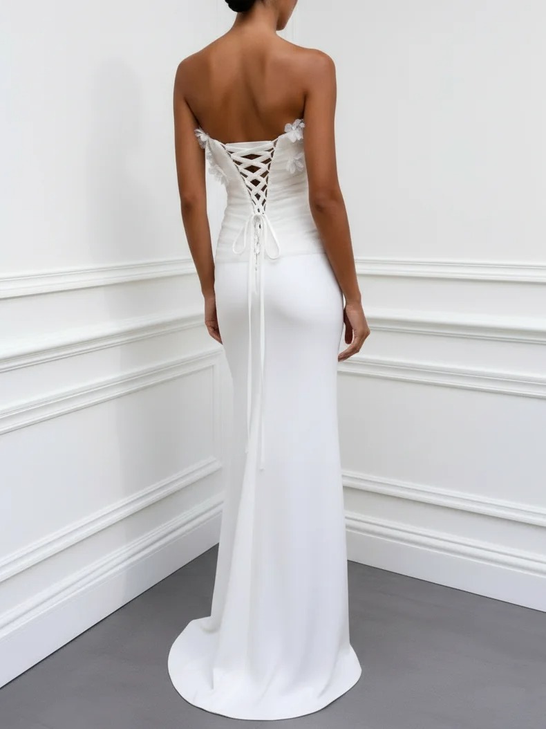 White 3D Floral Satin Strapless Sleeveless Sheath Gown Dress