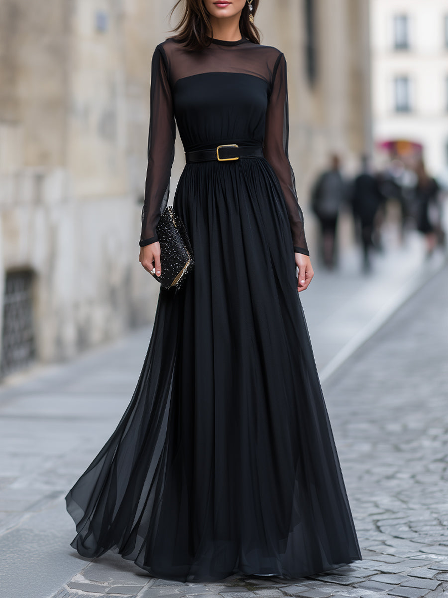 Black Sheer Long Sleeve Pleated Maxi Dress