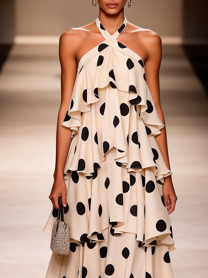 Apricot Bow Chiffon Halter Sleeveless A-Line Maxi Dress