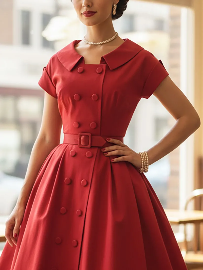 Midi Cotton Dress, Short Sleeves, Shawl Collar, Button Design, Vintage, Red