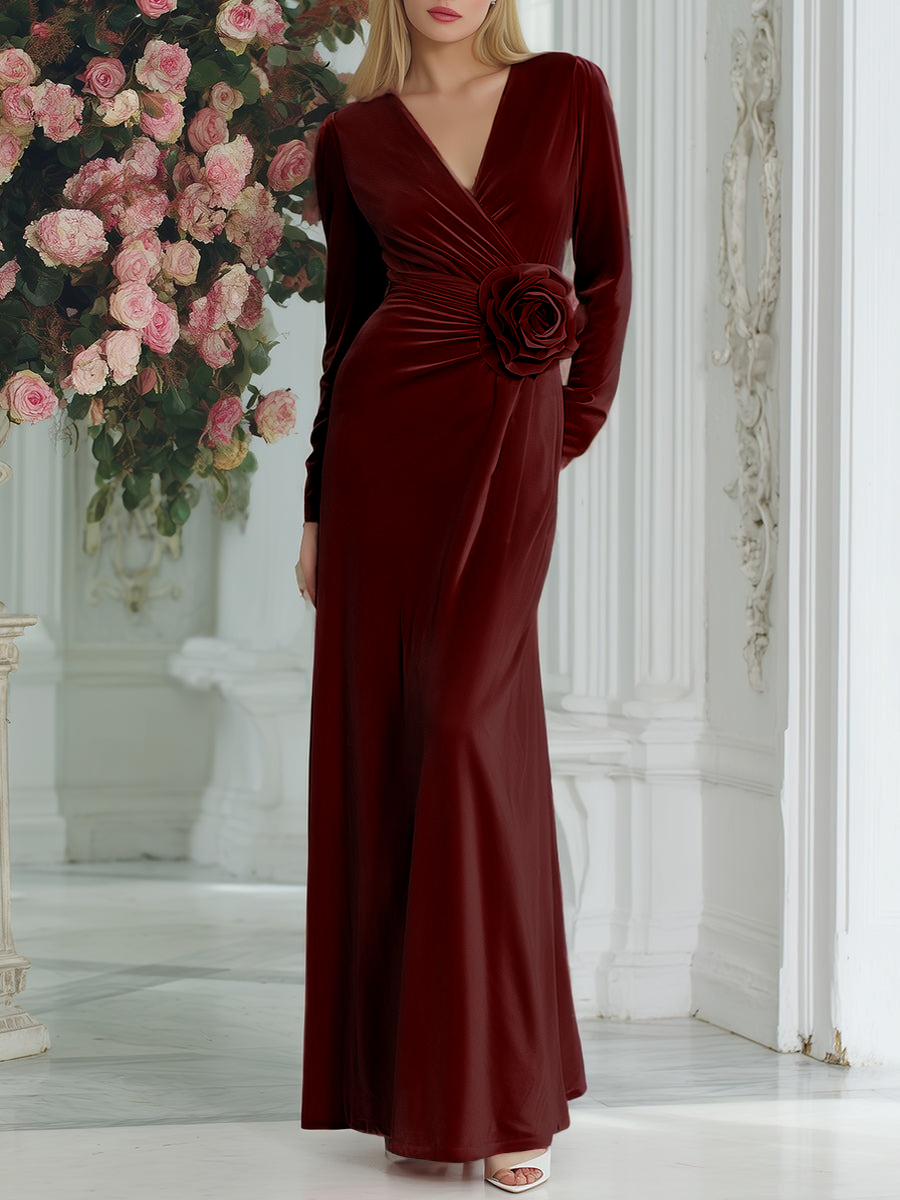 Elegant And Fashionable Evening Dress 3D Flower Pink Velvet Maxi Dress