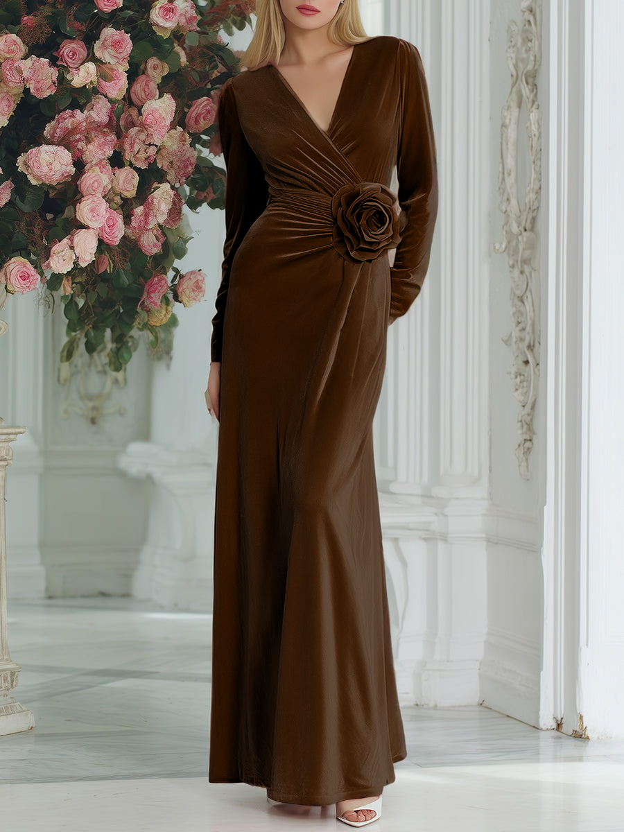 Elegant And Fashionable Evening Dress 3D Flower Pink Velvet Maxi Dress