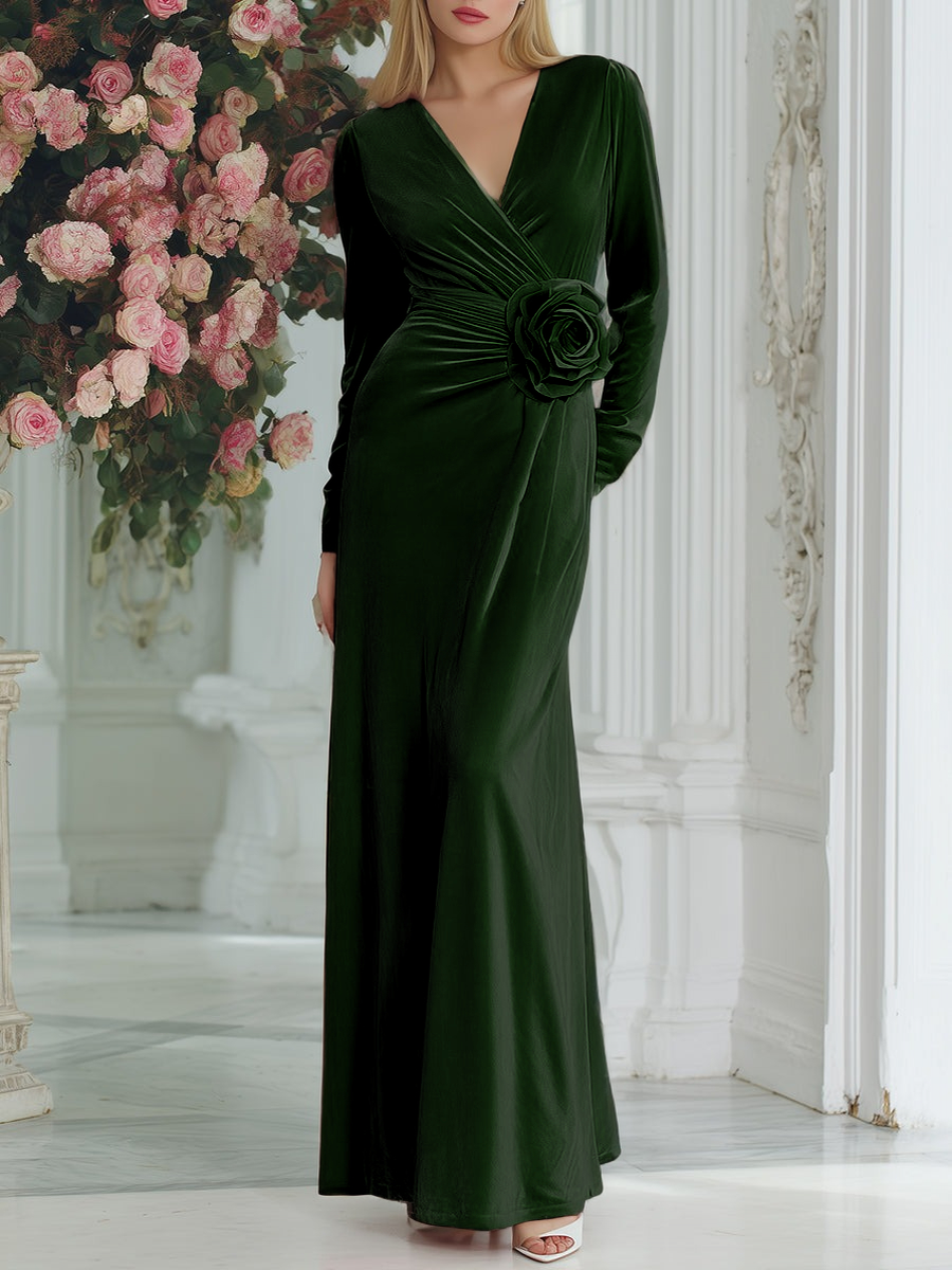 Elegant And Fashionable Evening Dress 3D Flower Pink Velvet Maxi Dress