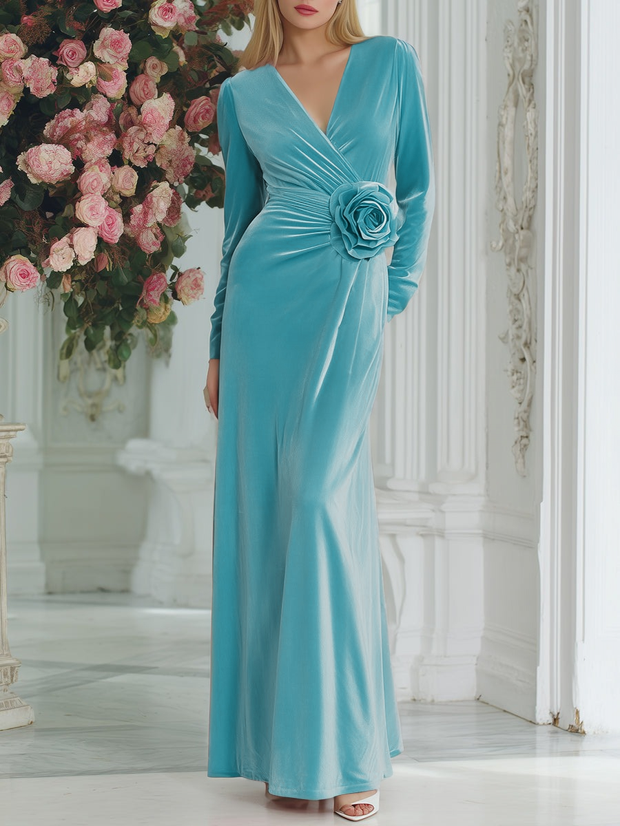 Elegant And Fashionable Evening Dress 3D Flower Pink Velvet Maxi Dress