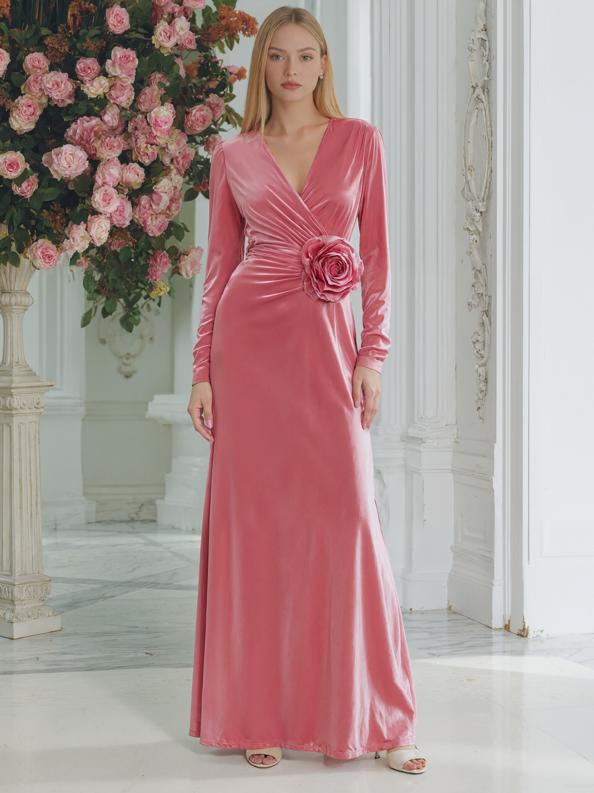 Elegant And Fashionable Evening Dress 3D Flower Pink Velvet Maxi Dress