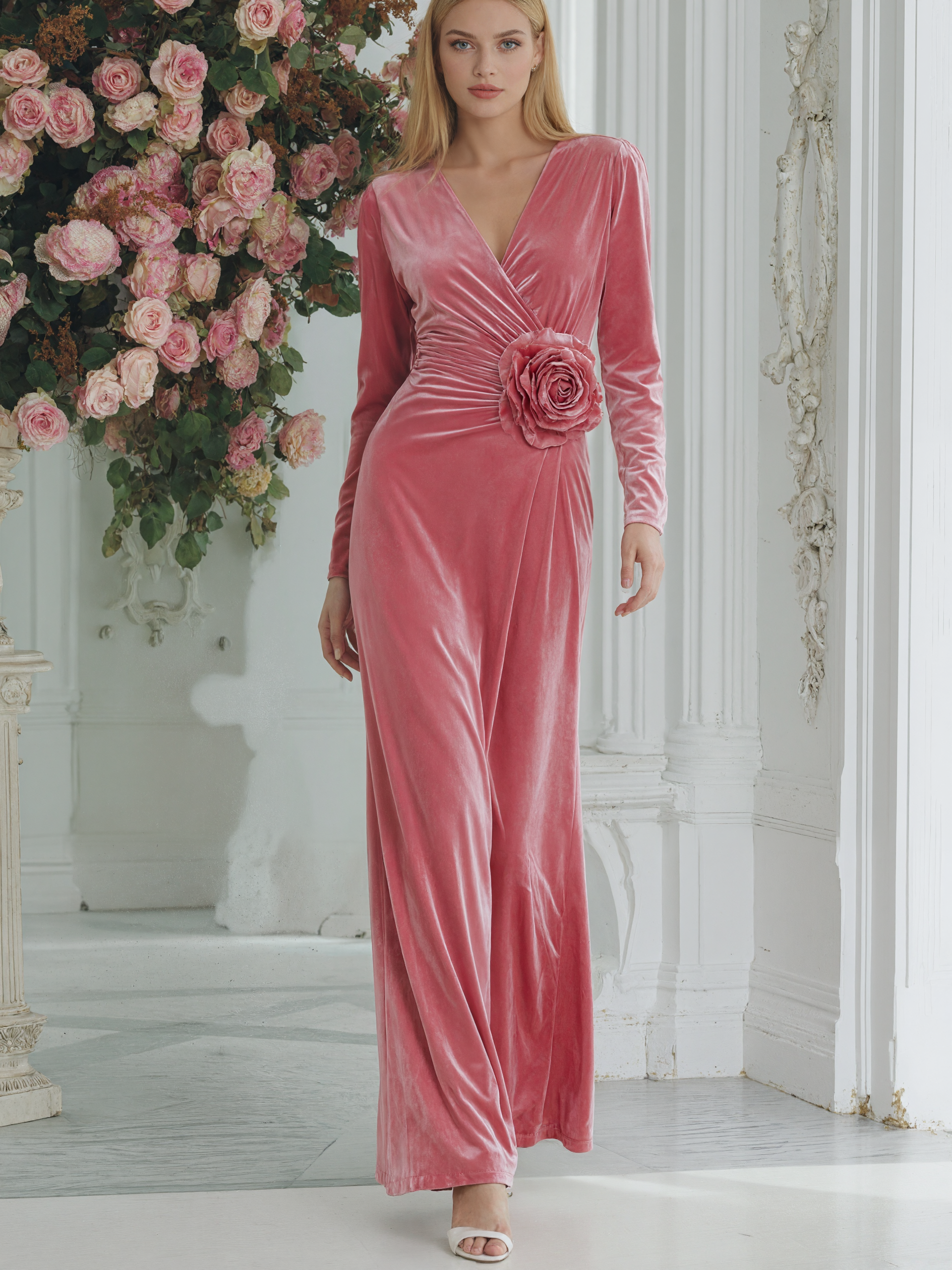 Elegant And Fashionable Evening Dress 3D Flower Pink Velvet Maxi Dress