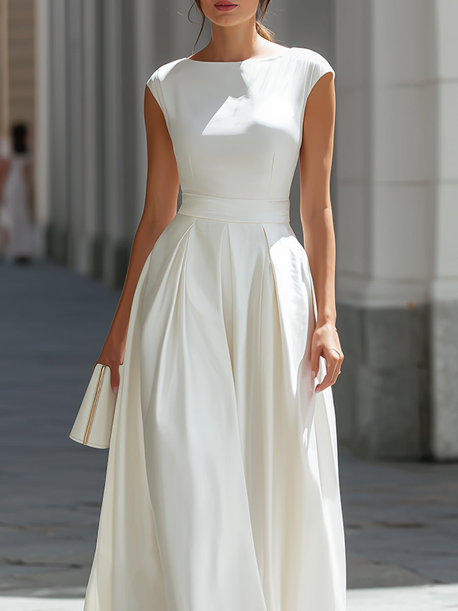 Ivory Cap Sleeve Pleated Maxi Gown
