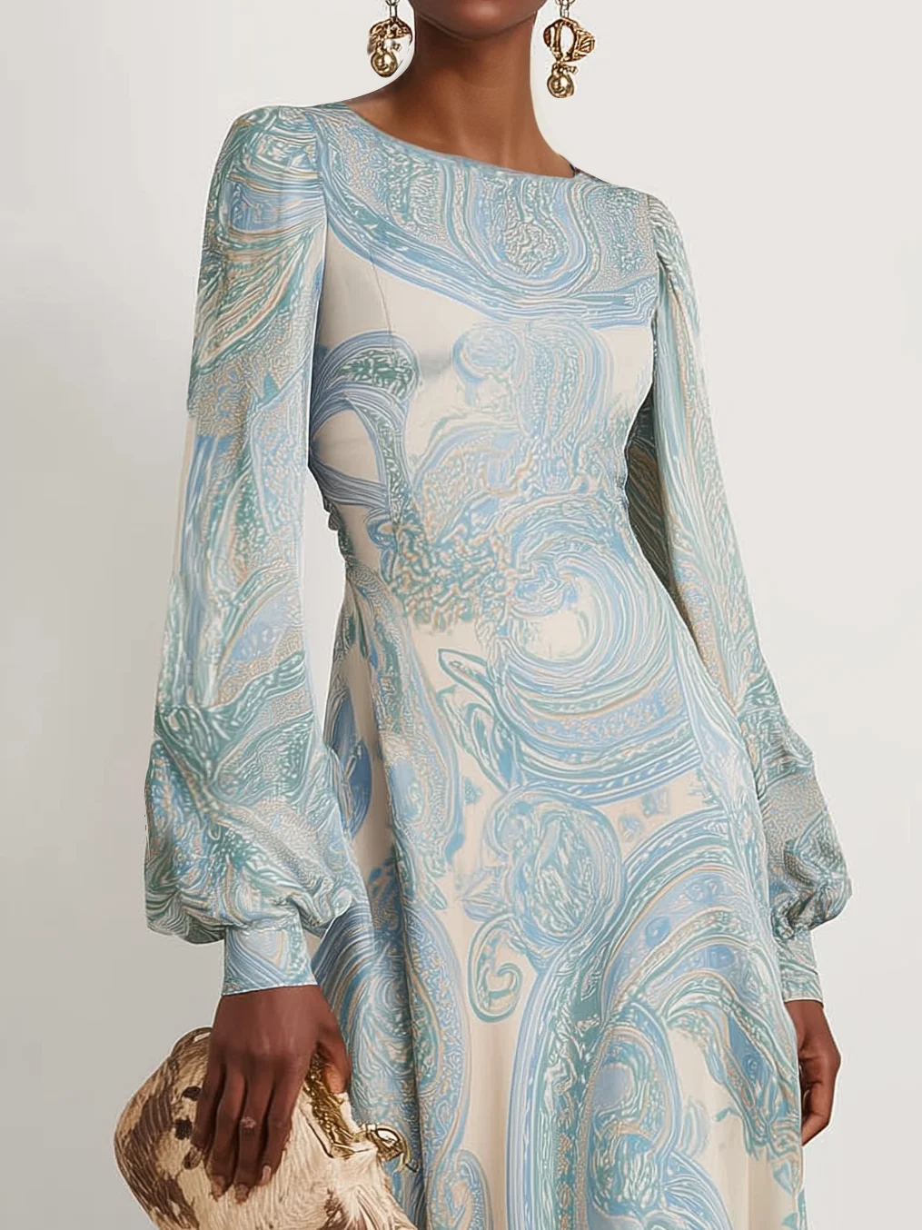 Light Blue Paisley Chiffon Crew Neck Long Sleeve Balloon Sleeve A-Line Maxi Dress