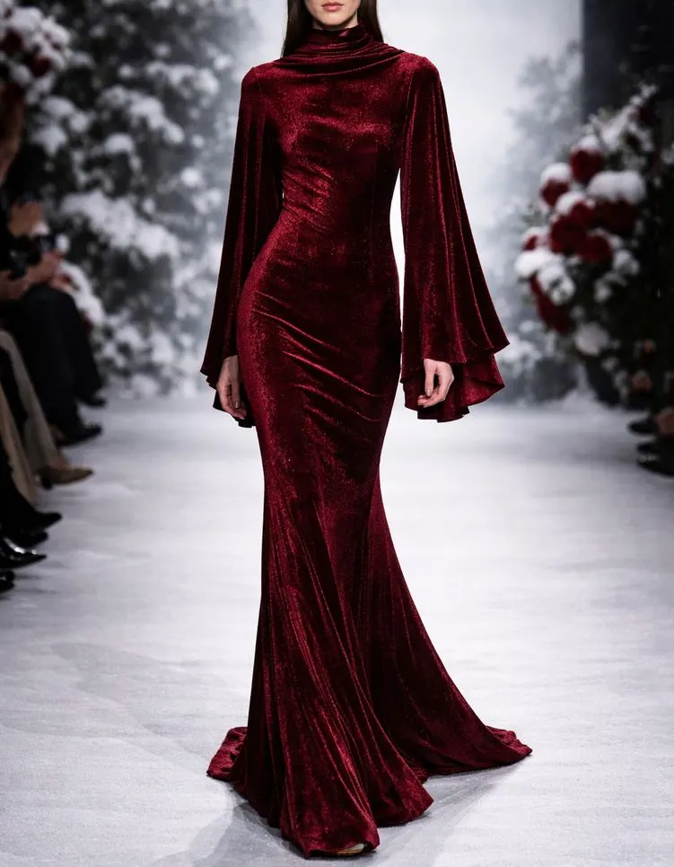 High Neck Bell Sleeve Velvet Mermaid Evening Maxi Dress
