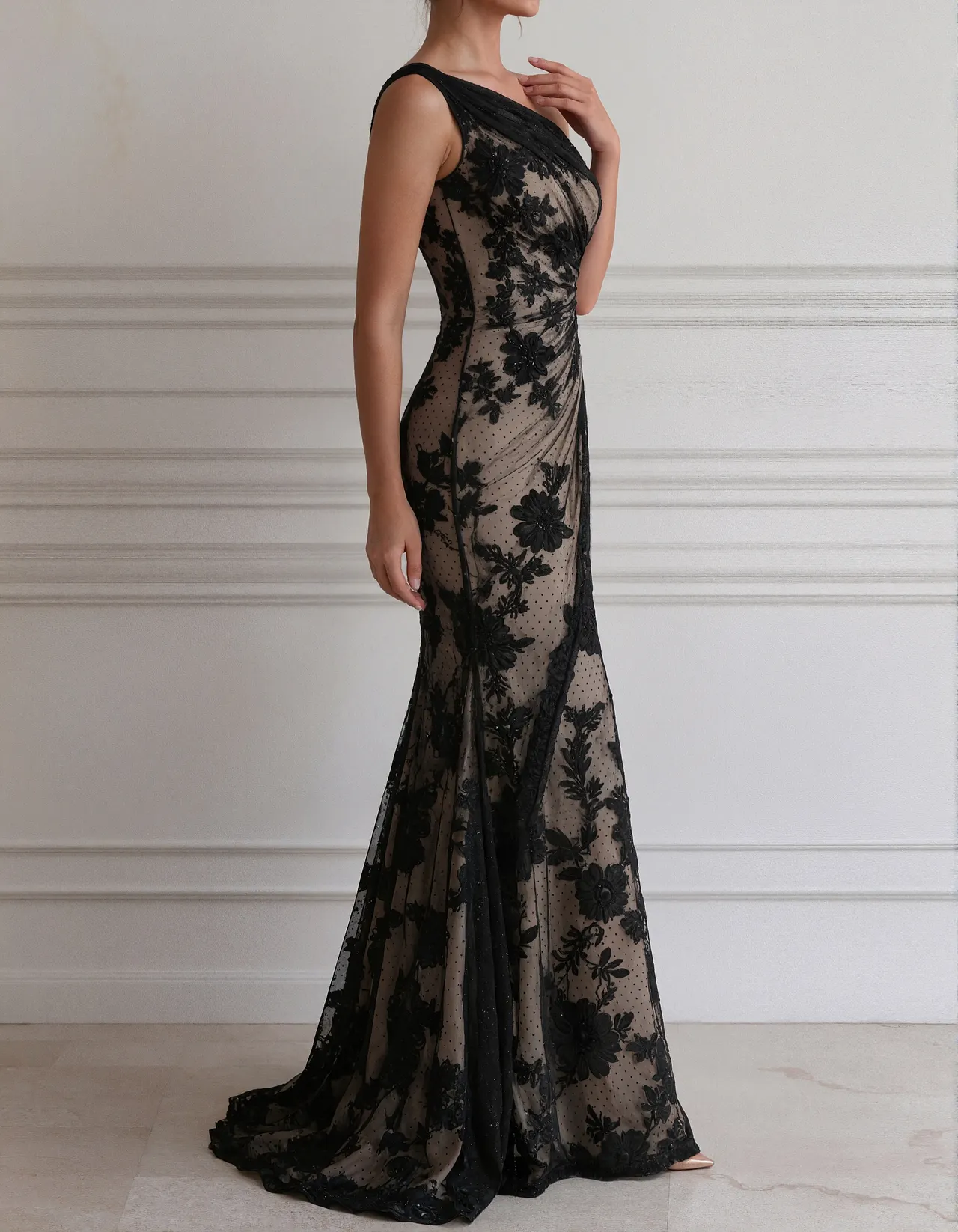 Black Lace One Shoulder Mermaid Style Maxi Dress