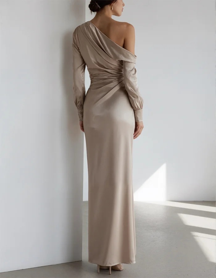 Champagne Satin One-shoulder Maxi Dress