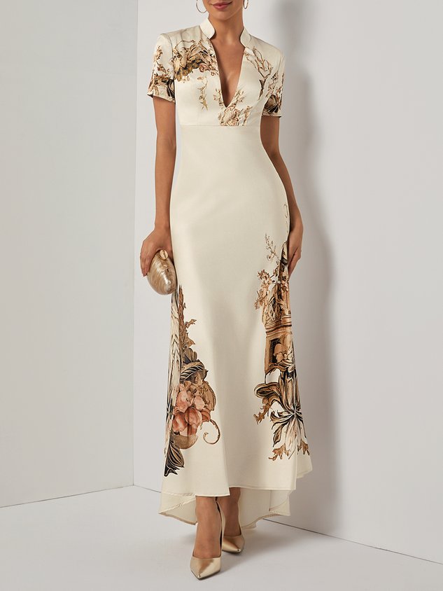 Beige Floral Satin Deep V Neck Short Sleeve Mermaid Maxi Dress