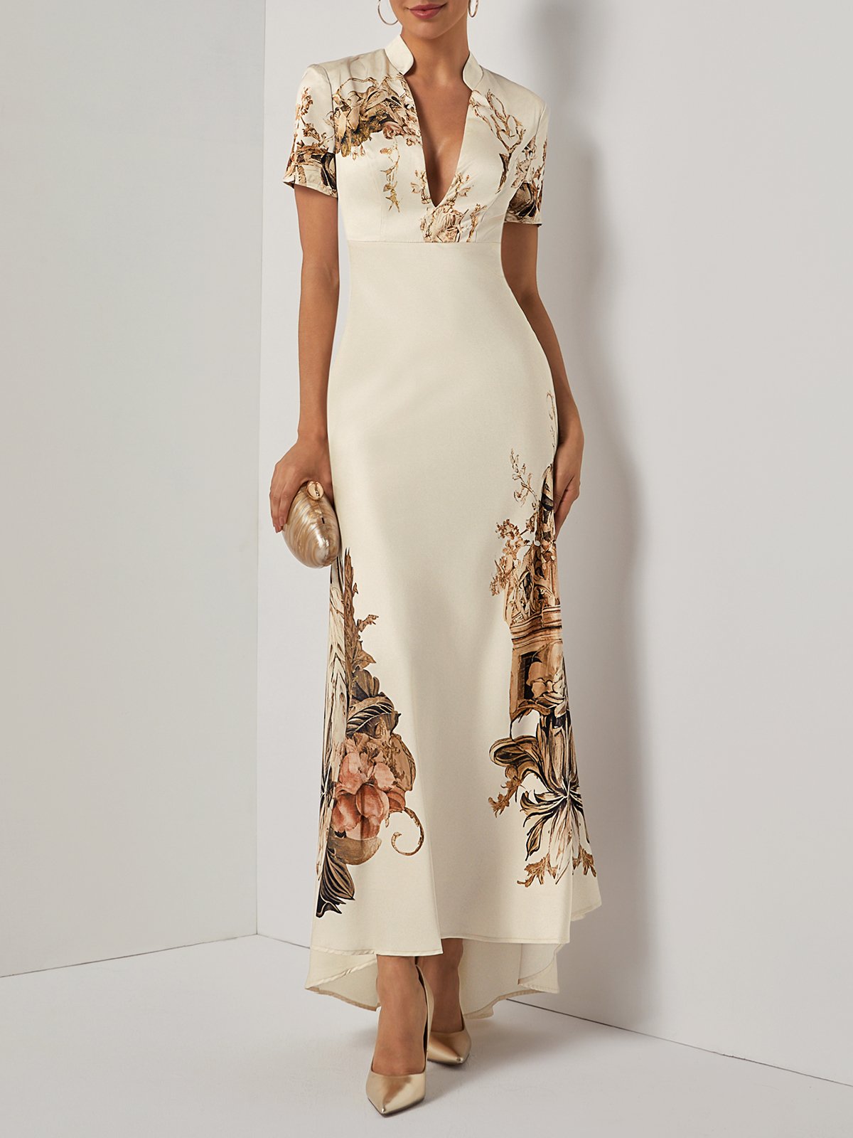 Beige Floral Satin Deep V Neck Short Sleeve Mermaid Maxi Dress