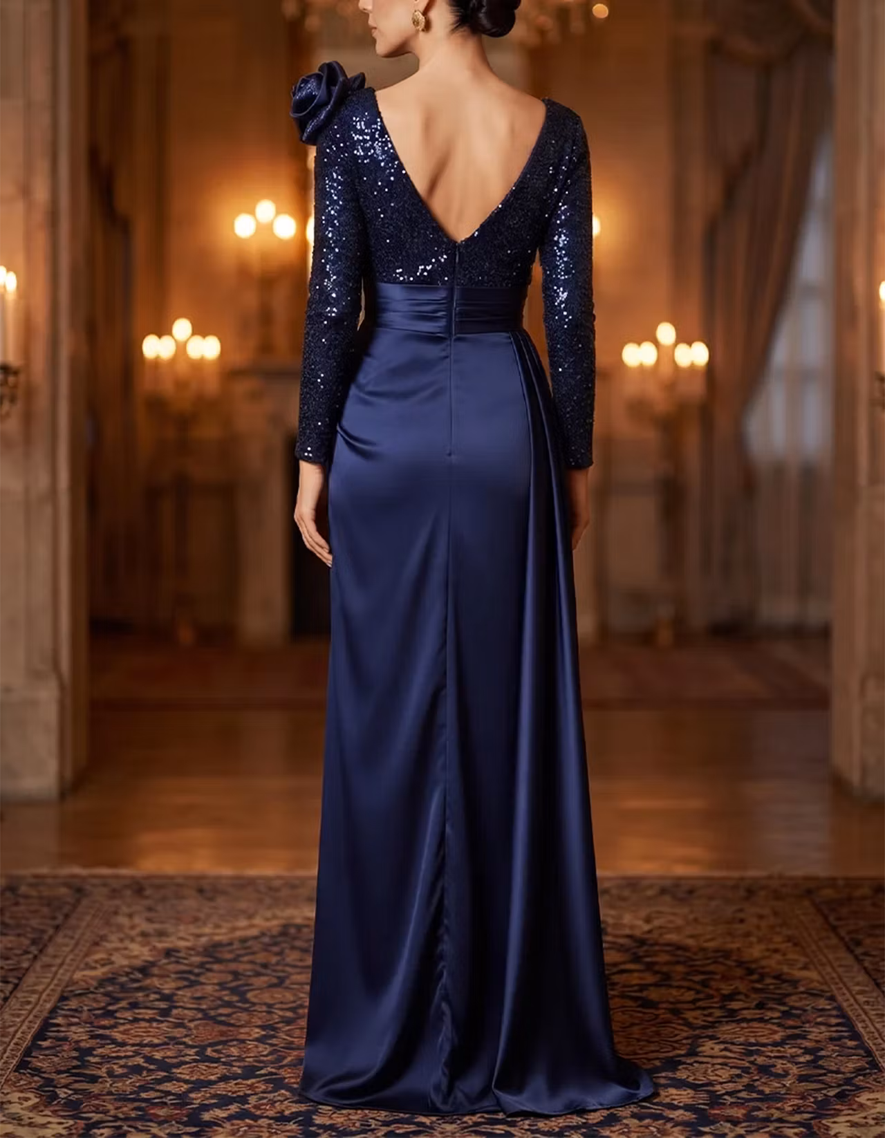 Navy V-Neck Long-Sleeve Sequin-Bodice Satin Maxi Dress