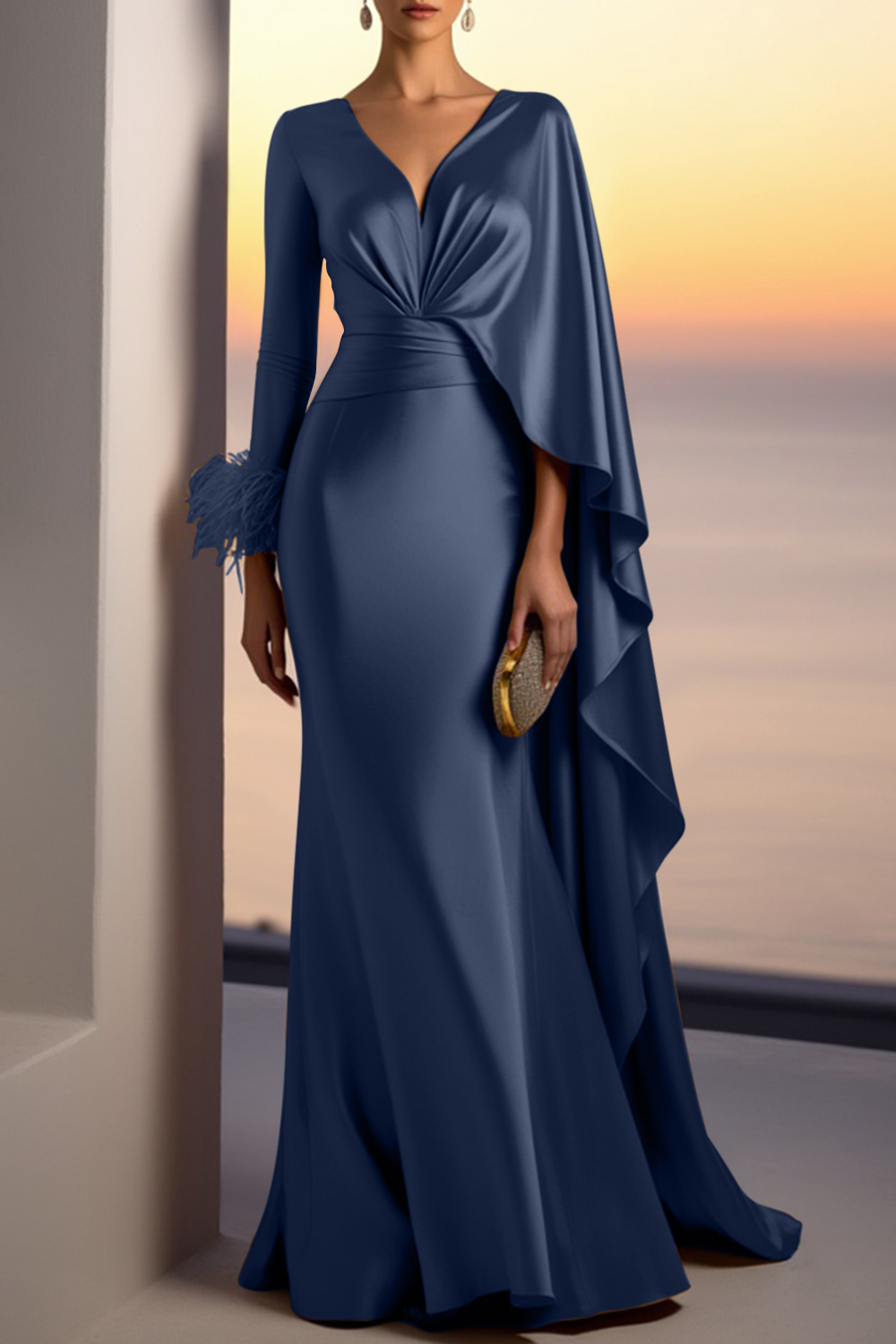 Evening Formal Gold Satin Dress V Neck Long Sleeve Cape Maxi Gown