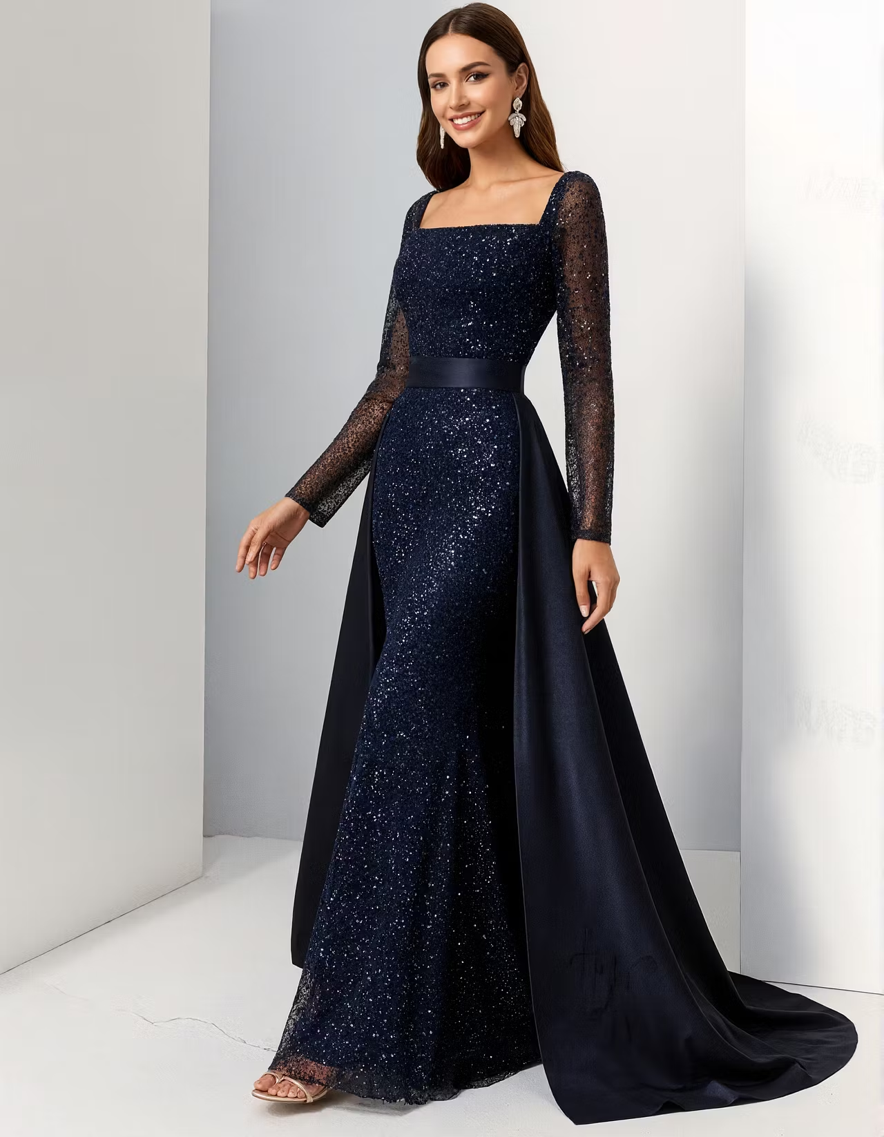 Navy Blue Sequined Square Neck Maxi Dress