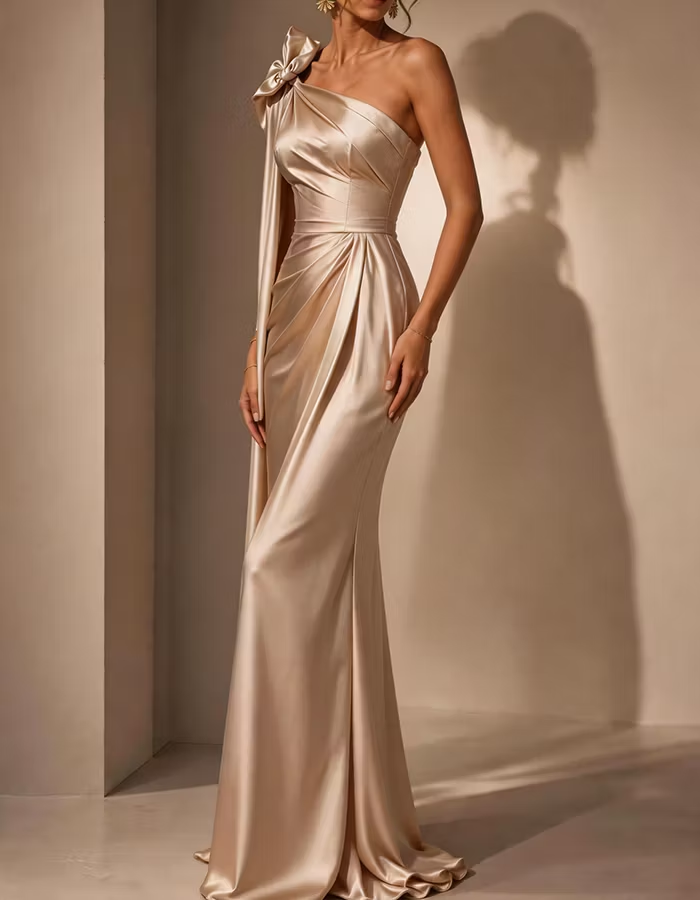 Champagne Bow One-Shoulder Ruched Satin Mermaid Maxi Dress