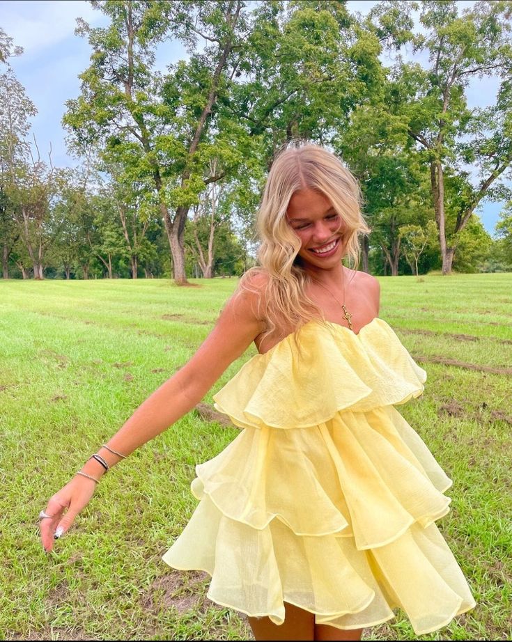 Strapless Yellow Tiered Ruffle Mini Dress