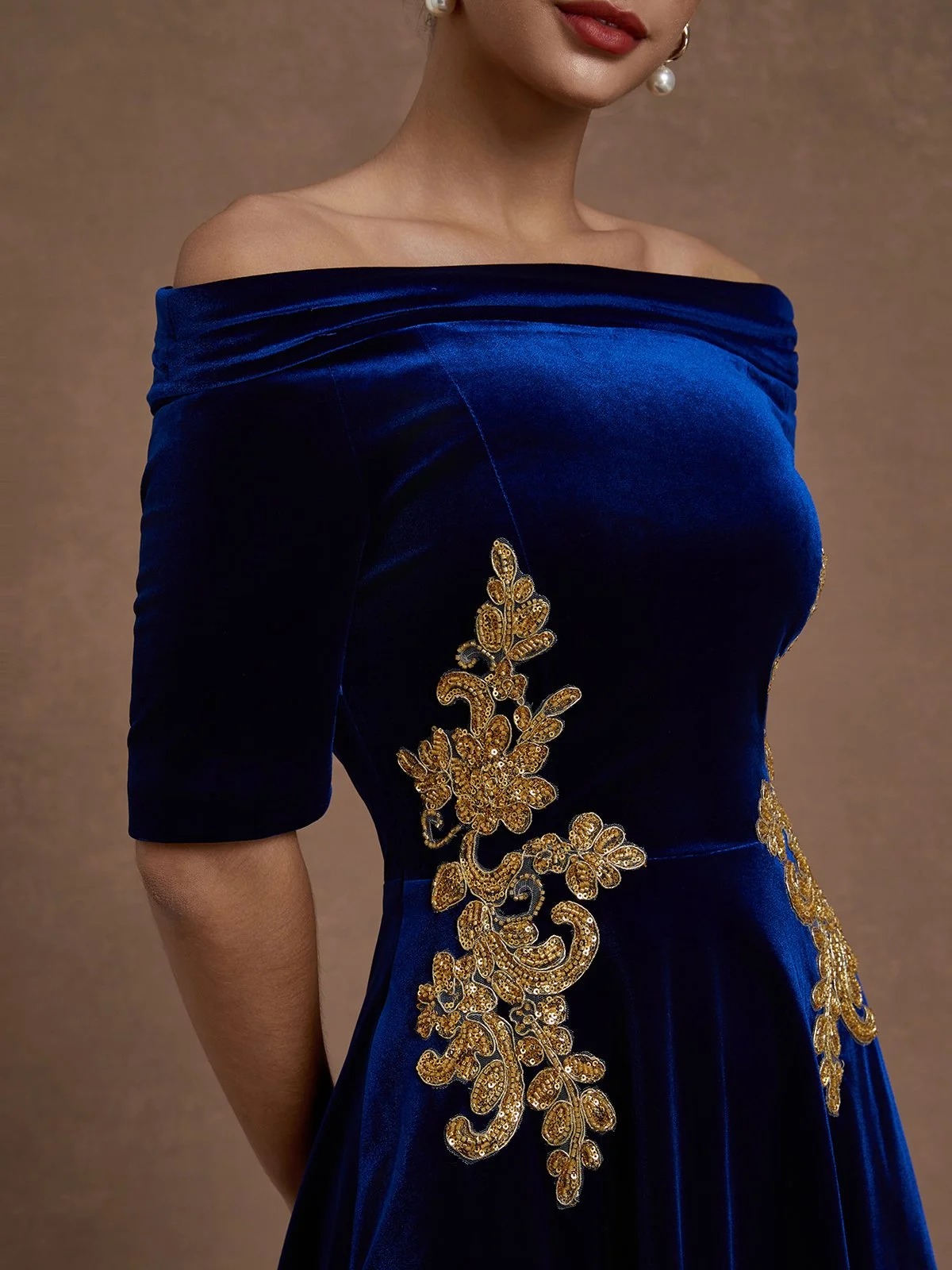 Deep Blue Applique Gathered Velvet Off The Shoulder Half Sleeve A-Line Midi Dress