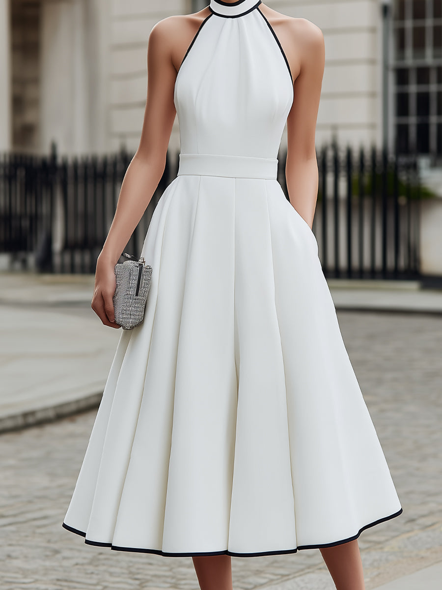 Contrast Trim Halter Neck A-Line Midi Dress