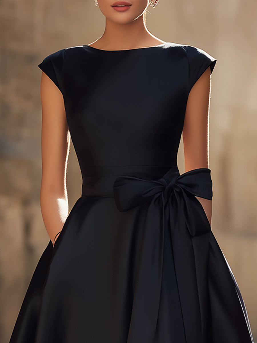 Timeless Elegance Boat-Neck A-Line Midi Dress With Oversized Side Bow