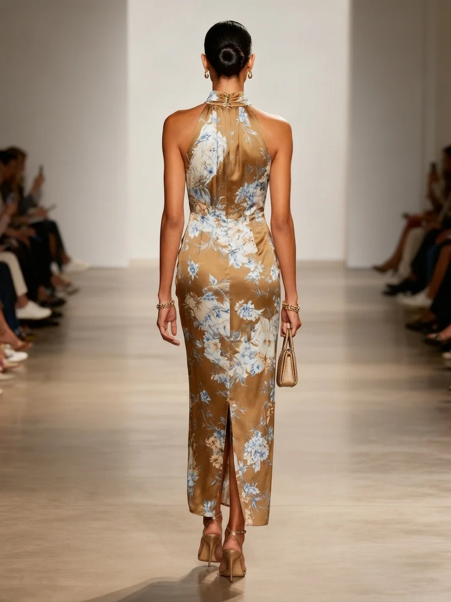 Brown Ruched Floral Satin Halter Neck Sleeveless Sheath Maxi Dress